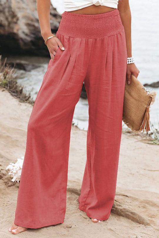 Women’s Wide-Leg Summer Pants – Gathered High Waist and Side Pockets
