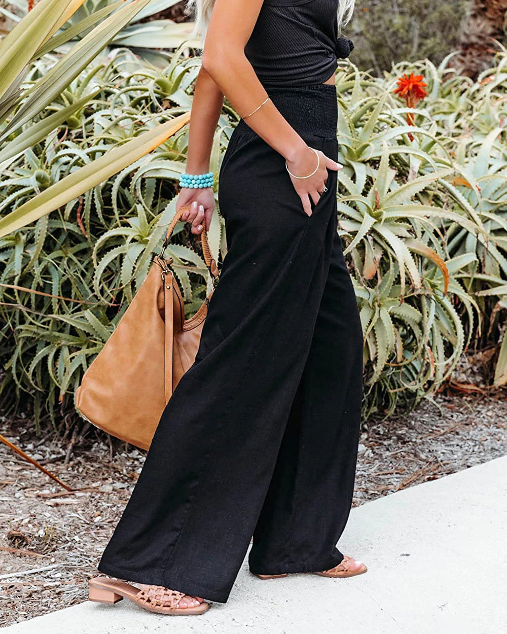 Women’s Wide-Leg Summer Pants – Gathered High Waist and Side Pockets