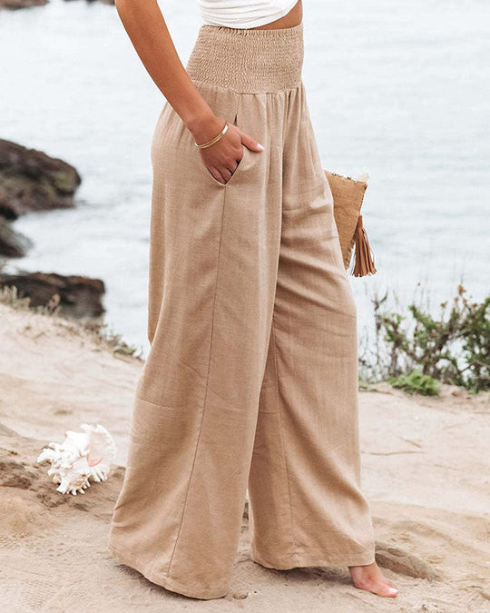 Women’s Wide-Leg Summer Pants – Gathered High Waist and Side Pockets
