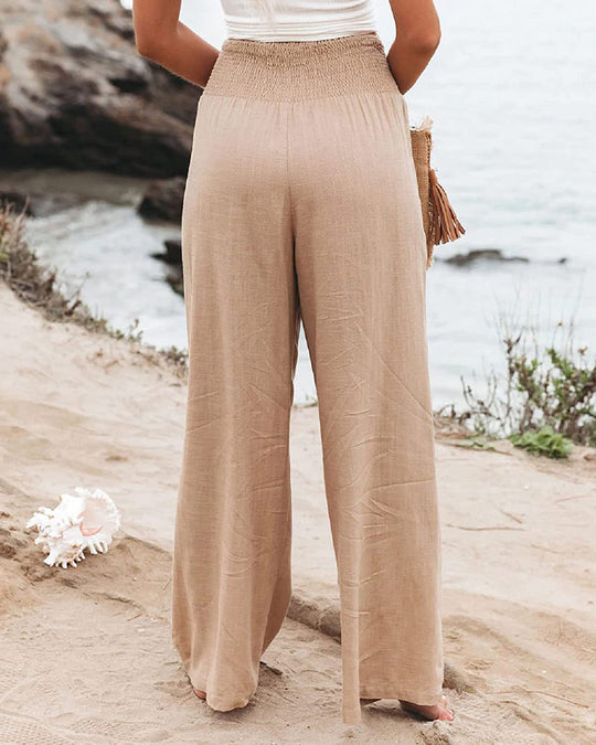 Women’s Wide-Leg Summer Pants – Gathered High Waist and Side Pockets