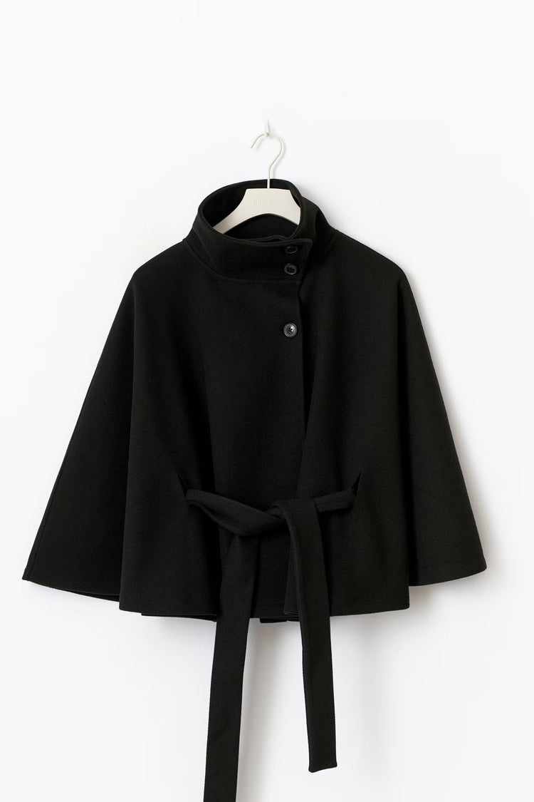 Women's Wool-Blend Cape Coat – High Neck and Adjustable Belt