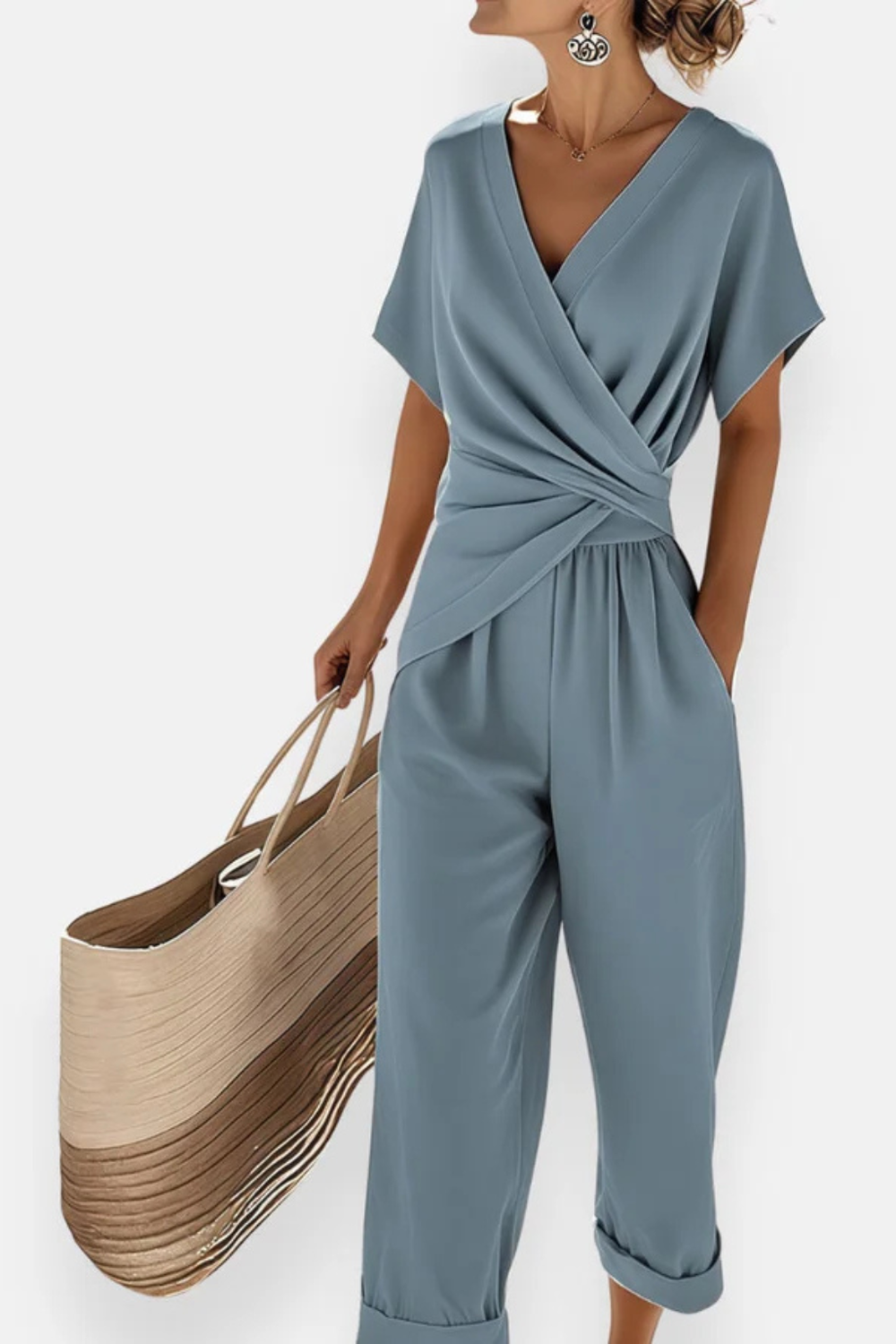 Women's Wrap-Front Cropped Jumpsuit – V-Neck with Short Sleeves and Pockets