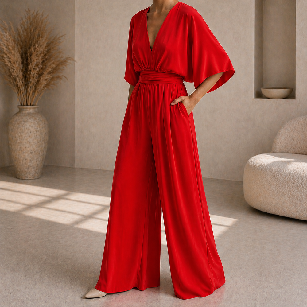 Women's Wrap V-Neck Jumpsuit – Defined Waist and Wide Legs