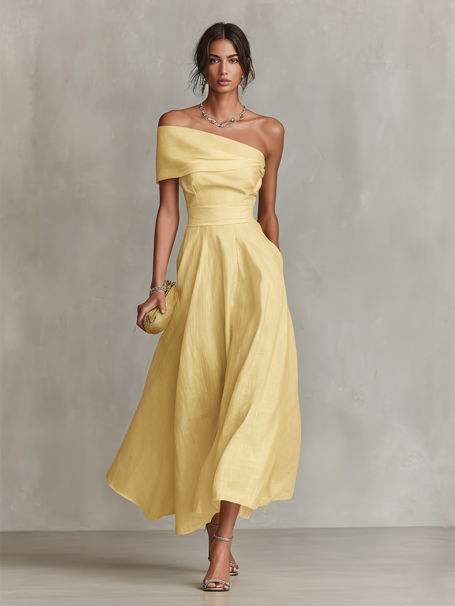 Women's Yellow Linen Dress – Asymmetric Neckline and Defined Waist
