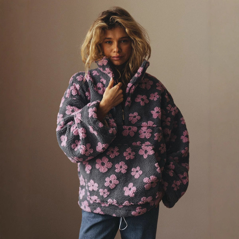 Women's Zip Fleece Pullover – Relaxed Fit with Front Pocket