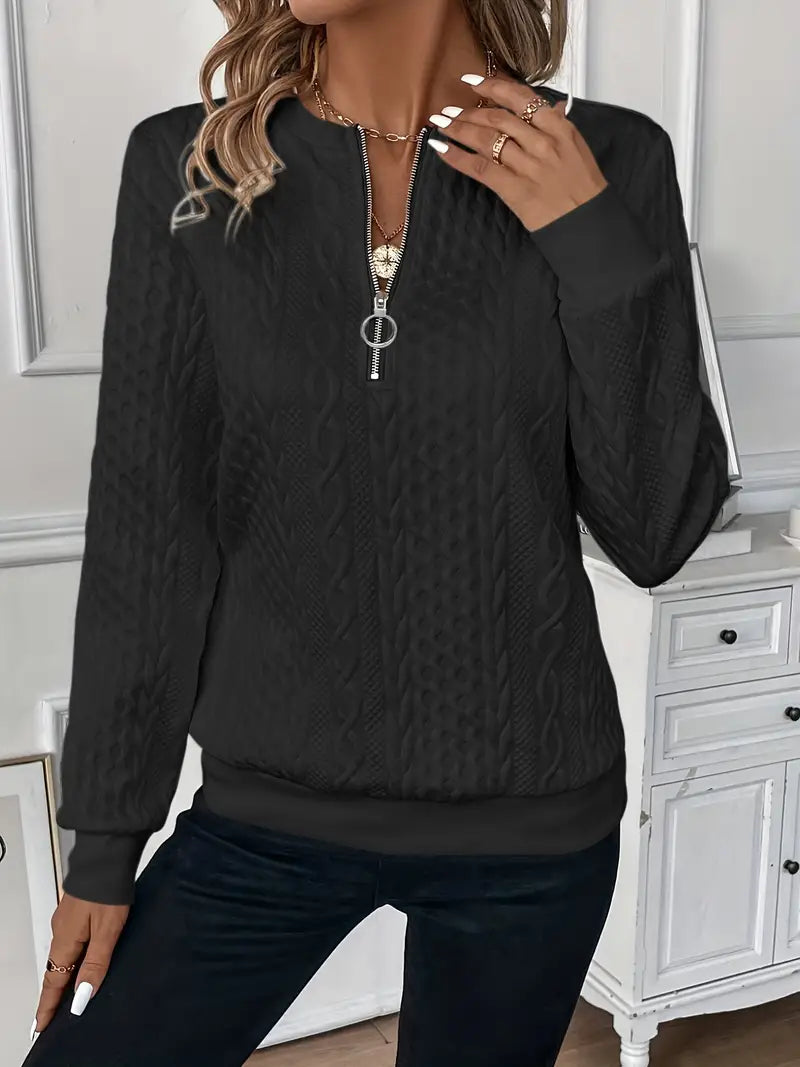 Women's Zip-Neck Knit Sweater – Relaxed Hip-Length Fit