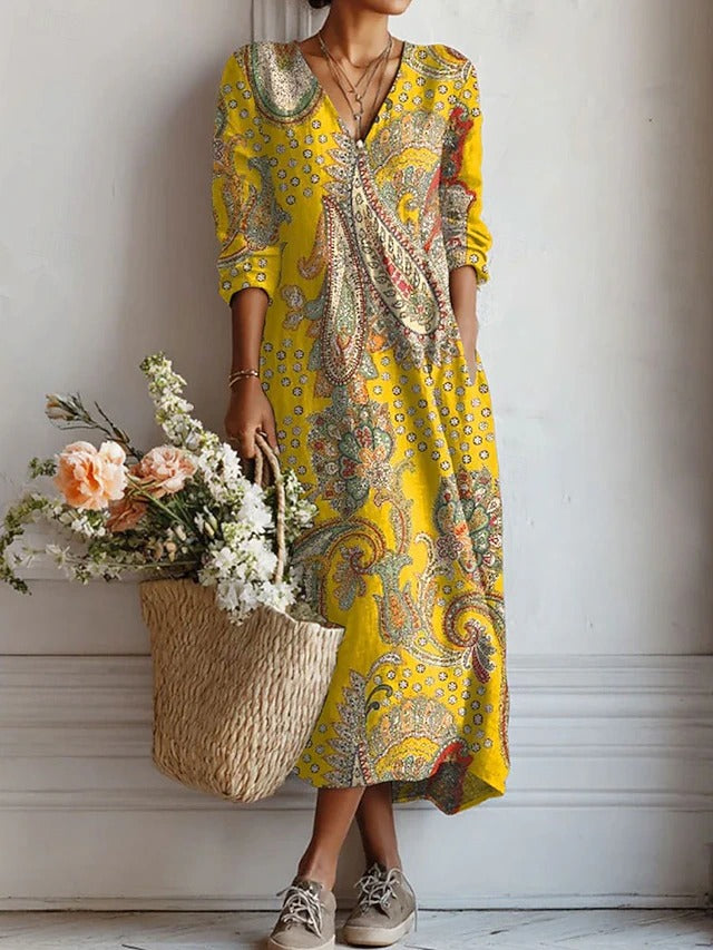 Yellow Paisley Bohemian Midi Dress with Relaxed Fit